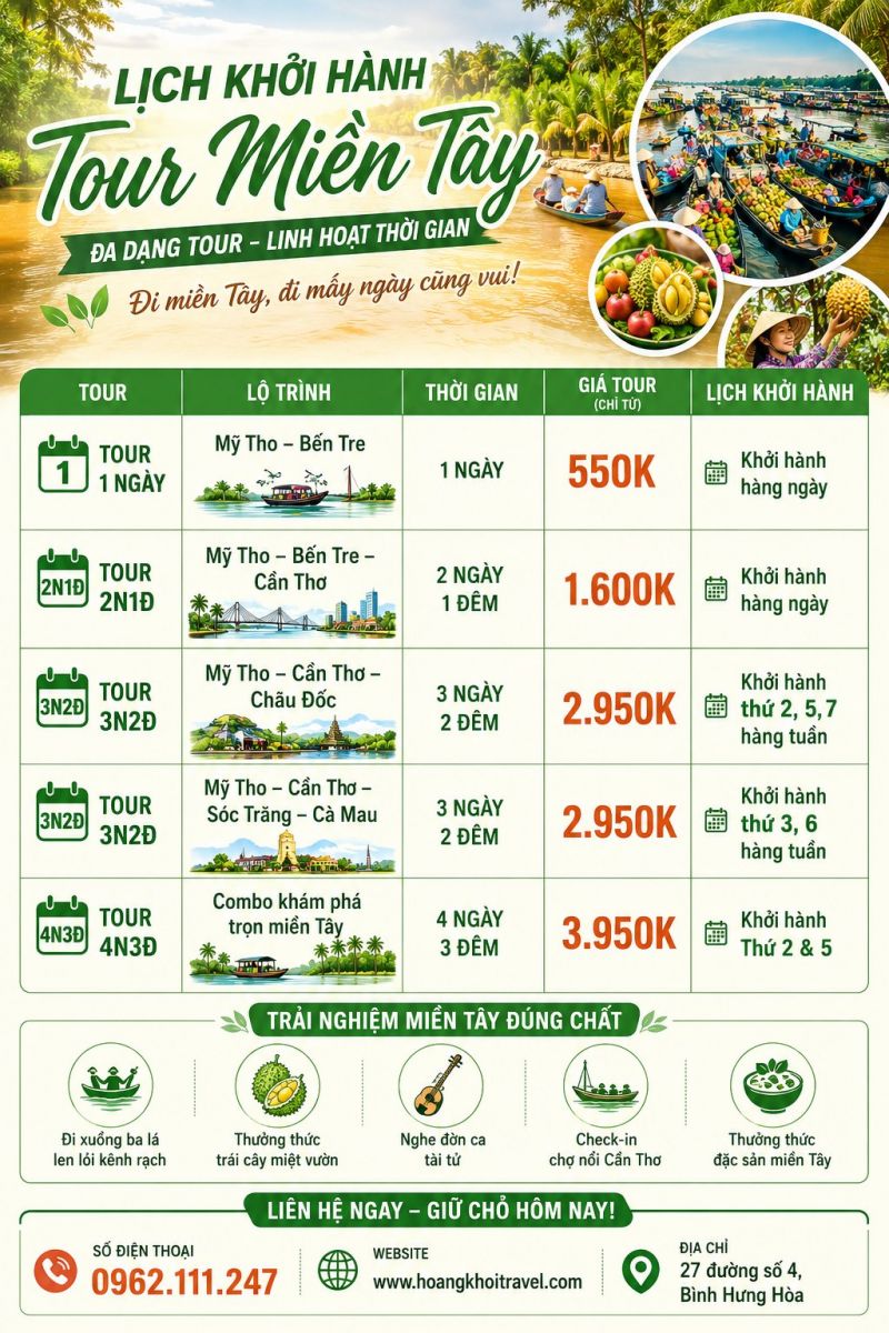 tour mien tay, du lich mien tay, tour mien tay 1 ngay, tour mien tay 2 ngay, du lich can tho, du lich chau doc, du lich an giang, di lich soc trang, du lich bac lieu, du lich ca mau, tour mien tay khoi hanh hang ngay, du lich hoang khoi mien ta;